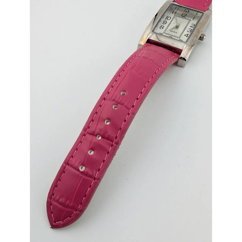 Women's Tank Watch 26mm‎ Silver Case Pink Faux Leather Band- New Battery